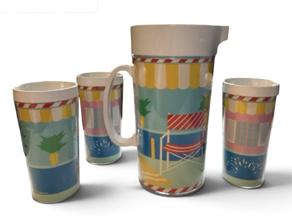 Vtg Thermo-Serve Insulated Tumblers & Pitcher Summer Fun Beach Set 4